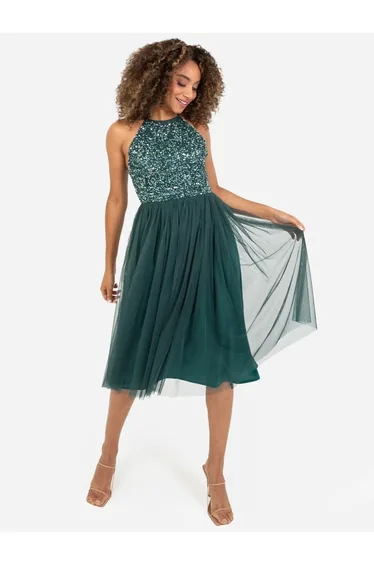 Maya Emerald Green Embellished Halter Neck Midi Dress