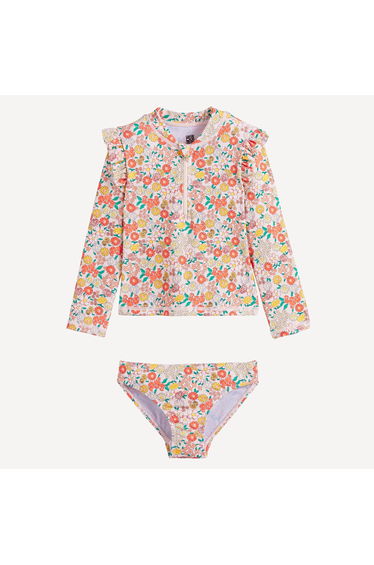 Floral Print UV Protection Swim T-Shirt and Bikini Bottoms