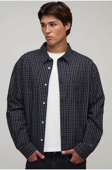 Oversized Boxy Midi Grid Long Sleeve Check Shirt - grey