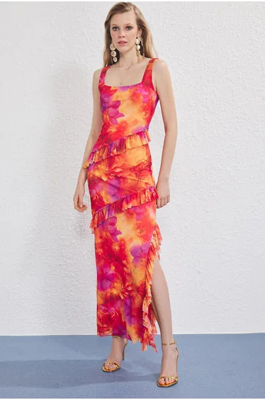 Multicolored Ruffle Detailed Tulle Lined Maxi Evening Prom Dress