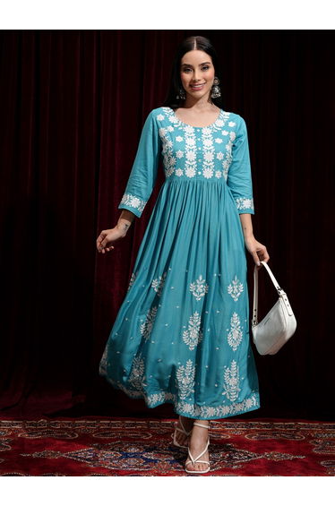 Women Embroidered Round Neck A-Line Midi Dress