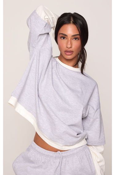 Petite Ash Grey Double Layer Long Sleeve Boxy T-Shirt