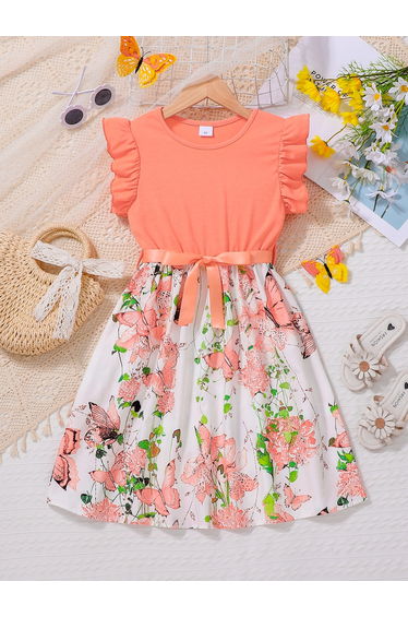 Girls Floral Print Ruffled Sleeve Midi Dress