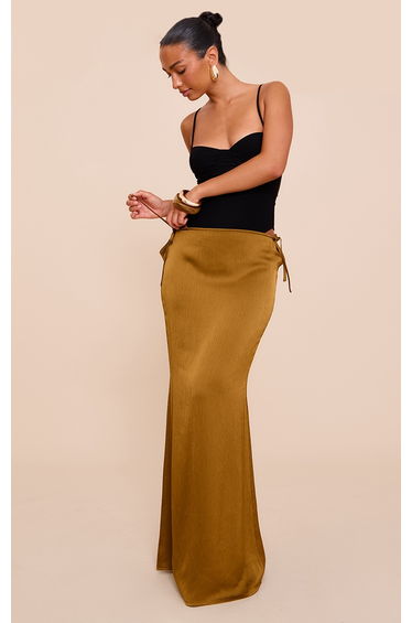 Dark Chartreuse Textured Satin Low Rise Maxi Skirt
