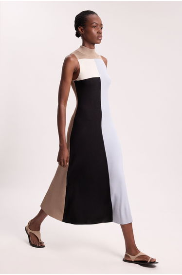 Slinky Viscose Colour Block Full Skirted Knit Sleeveless Midi Dress