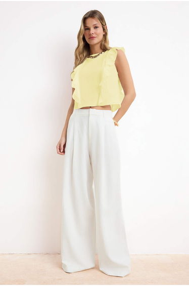 Yellow Ruffle Detailed Crop Length Semi-Sheer Woven Blouse