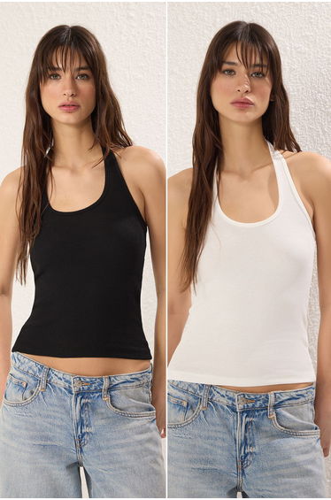 Black-Ecru 2-Pack Pool Neck Body-Sitting Fitl Flexible Knitted Undershirt
