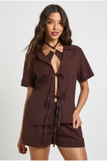 Linen Tie Front Beach Co Ord - chocolate