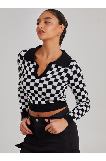 Notch Collar Checkered Top