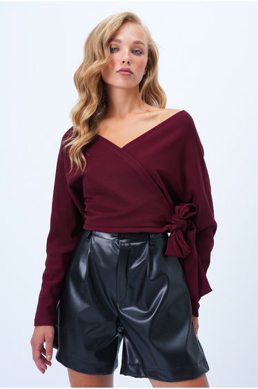 Women's Burgundy Front Back Double Breasted Collar Tie Detail Ottoban Crop Blouse