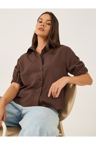 Solid Puff Sleeve Boxy Fit Spread Collar Shirt
