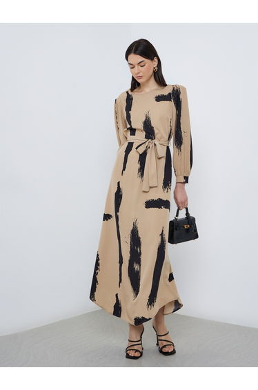 Printed Long Sleeve Belted Maxi Dress
