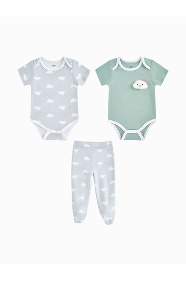Unisex Three-Piece Set - 2 Short Sleeve Bodysuits And Printed Footed Pants