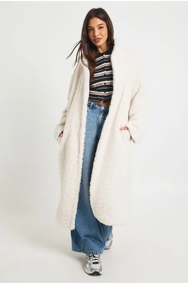 Longline Teddy Fur Coat - ecru