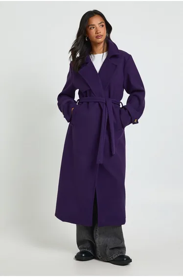 Petite Belted Wool Look Trench - aubergine