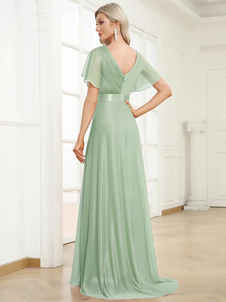 ever LIORÉ|Plus Size V Neck Ribbon Waist Formal Evening Dress With Sleeves - 1
