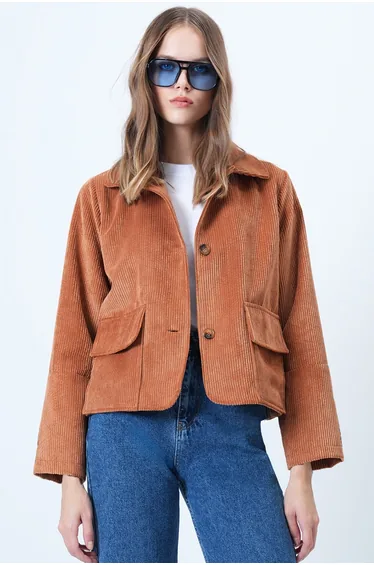 Women's Tan Double Pocket Wide Cuff Velvet Jacket