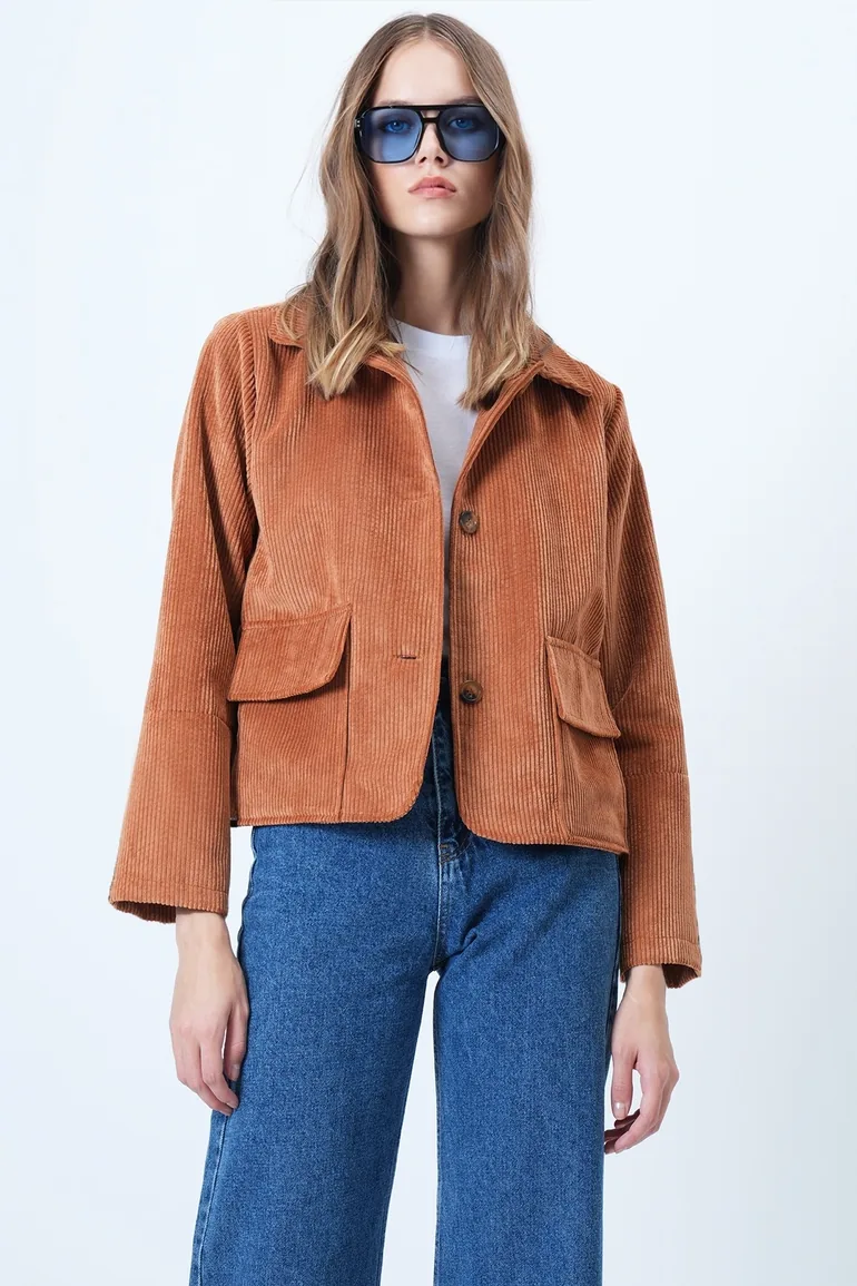 Women's Tan Double Pocket Wide Cuff Velvet Jacket - 3