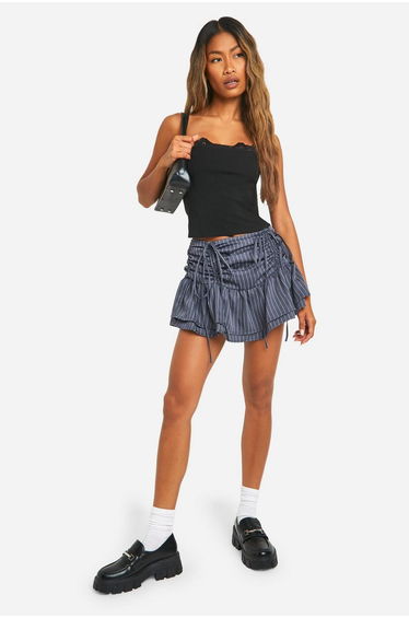 Ruched Pinstripe Micro Mini Skirt