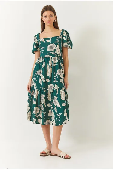 Women's Square Neck Watermelon Sleeve Floral Print Viscose Dress