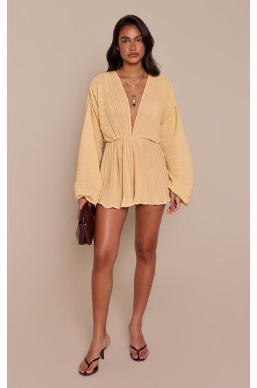 Lemon Chiffon Pleated Batwing Sleeve Playsuit