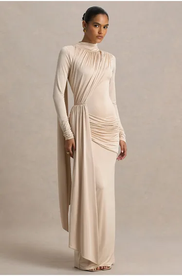 فستان ماكسي مزموم بياقة عالية - ذهبي