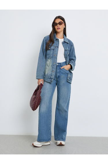 Women Blue Faded Oversized Denim Jacket