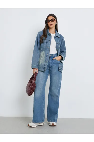 Women Blue Faded Oversized Denim Jacket