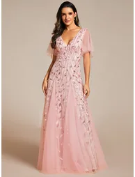 Romantic Shimmery V Neck Ruffle Sleeves Maxi Evening Gowns - 4