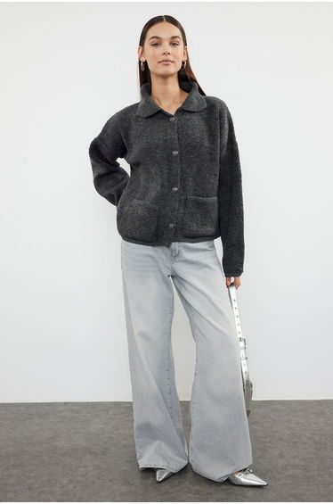 Anthracite Wide Fit Boucle Knitwear Cardigan