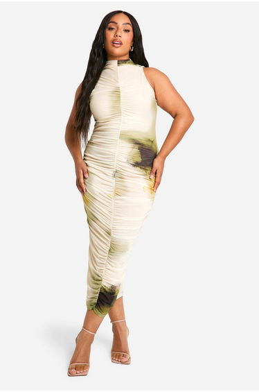 Plus Abstract Ruched Midi Dress - multi