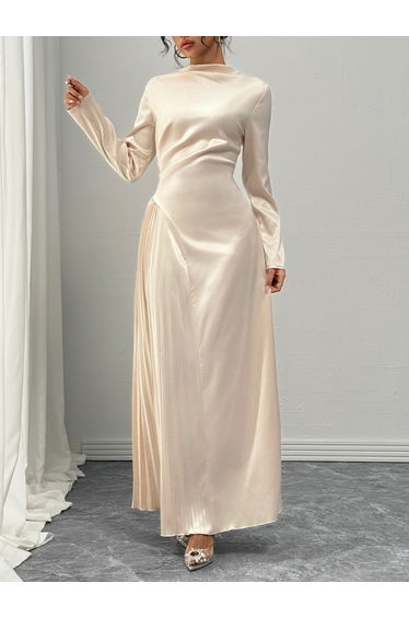 Solid High Neck Pleated Detail Maxi Dress