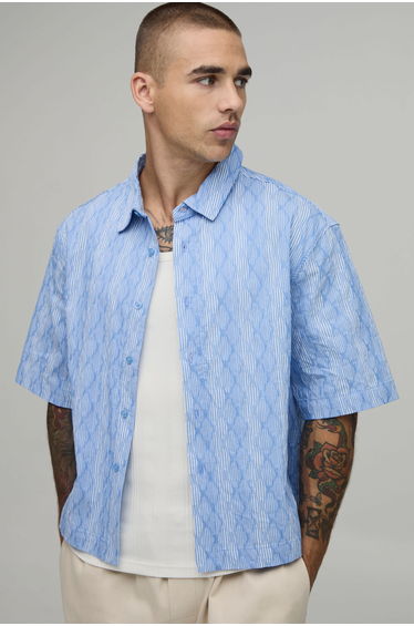 Oversized Boxy Half Sleeve Diamond Stripe Shirt - blue