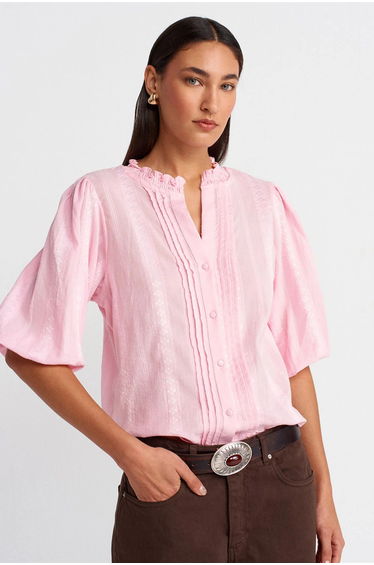 Dilvin Women's Solid Mandarin Collar Woven Shirt