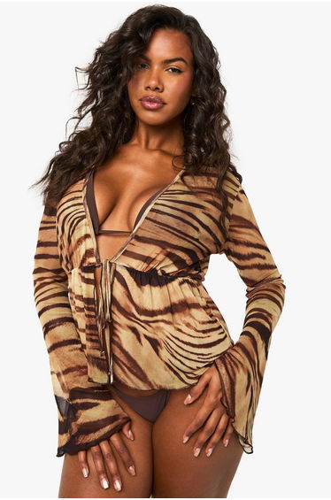 Leopard Cowl Neck Beach Top - brown product thumbnail 3