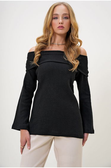 Women's Black Madonna Collar Interlock Fabric Top