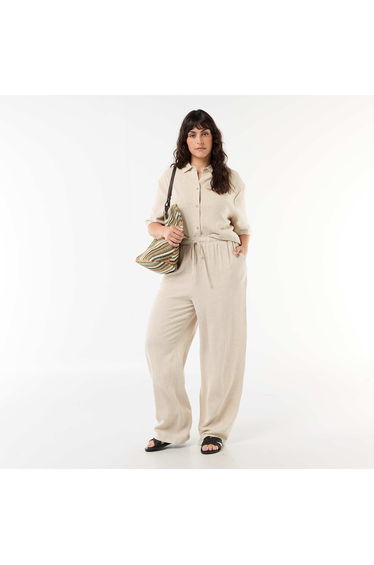 Plain Blended Linen Trousers BEIGE