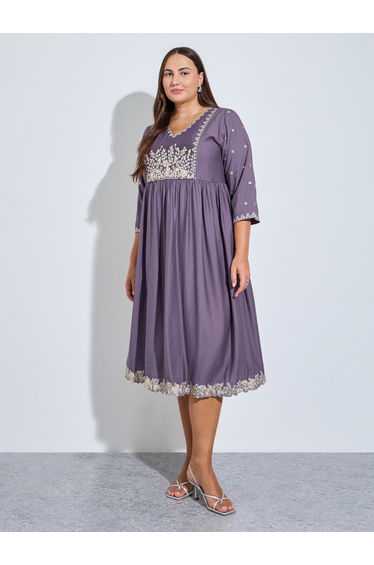Plus Size Purple Embroidered A-Line Midi Dress