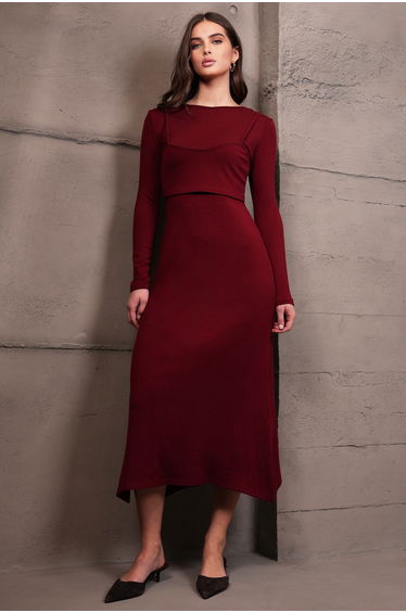Women's Burgundy Crew Neck Strap Blouse Detailed Knitwear Dress