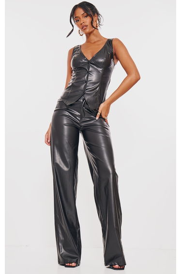 Tall Black Faux Leather Plunge Waistcoat