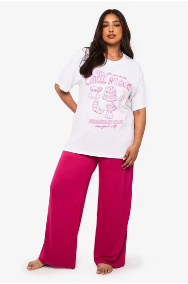 Plus Chill Mode Breakfast Slogan T-Shirt & Trouser PJ Set - pink