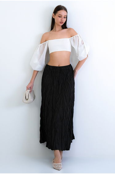 Women's Khaki Soft Crush Textured Midi Skirt