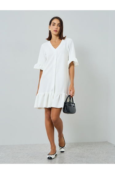 Women White Buttoned Ruffle Detail Mini Dress
