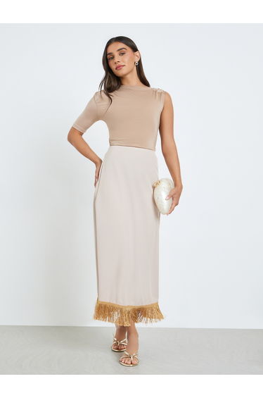 Women Beige Midi Skirt with Tassel Hem