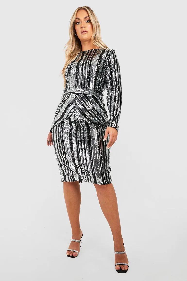Plus Stripe Sequin Midi Dress - black