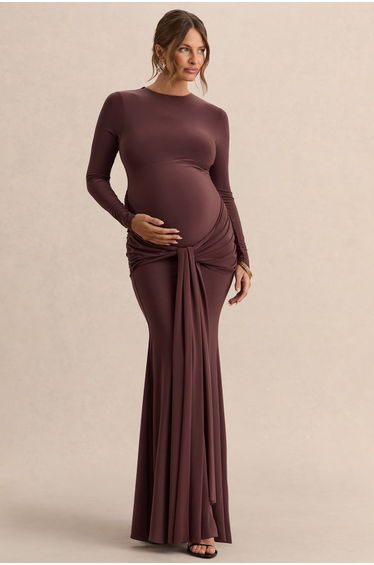 Aveny | Brown Crew-Neck Maxi Dress With Gathered-Detailing And Sash
