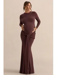 Aveny | Brown Crew-Neck Maxi Dress With Gathered-Detailing And Sash - 4