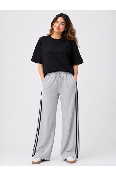 Grey Side Stripe Wide Leg Joggers