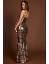 Embellished Straight-Neck Maxi Dress in Black Gold Foil - 6