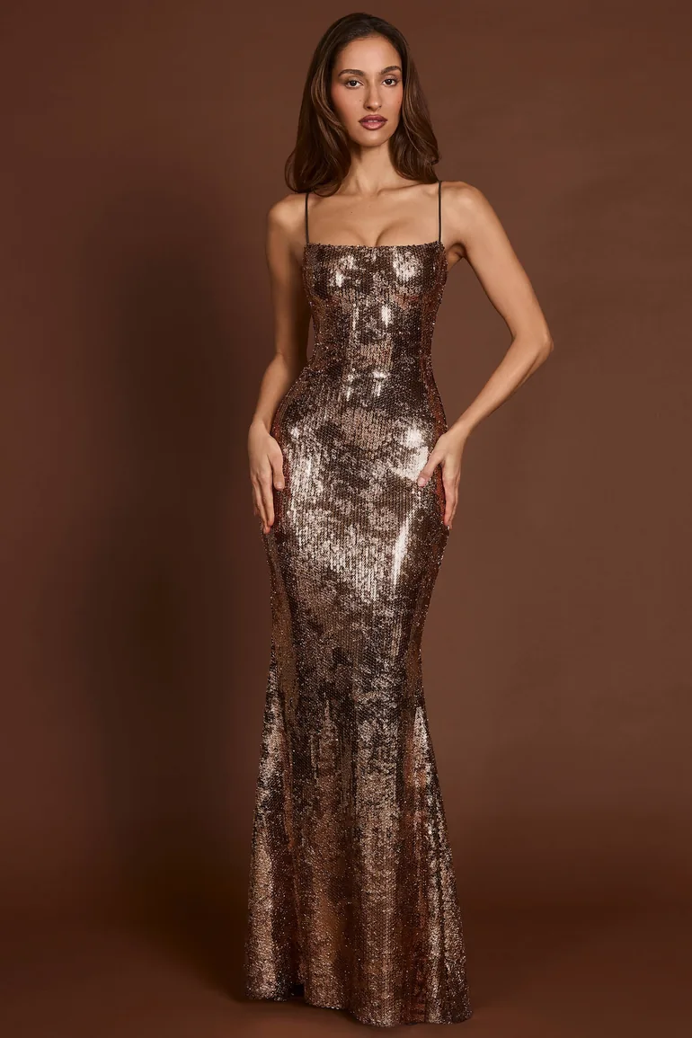 Embellished Straight-Neck Maxi Dress in Black Gold Foil - 8